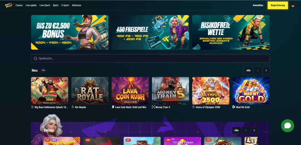 Playbaze-Startseite mit Bonus bis 2.500 Euro, 450 Freispielen, risikofreier Wette und dem Band Neu